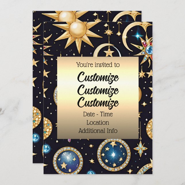 Invitation Lune Et Étoiles Céleste (Devant / Derrière)