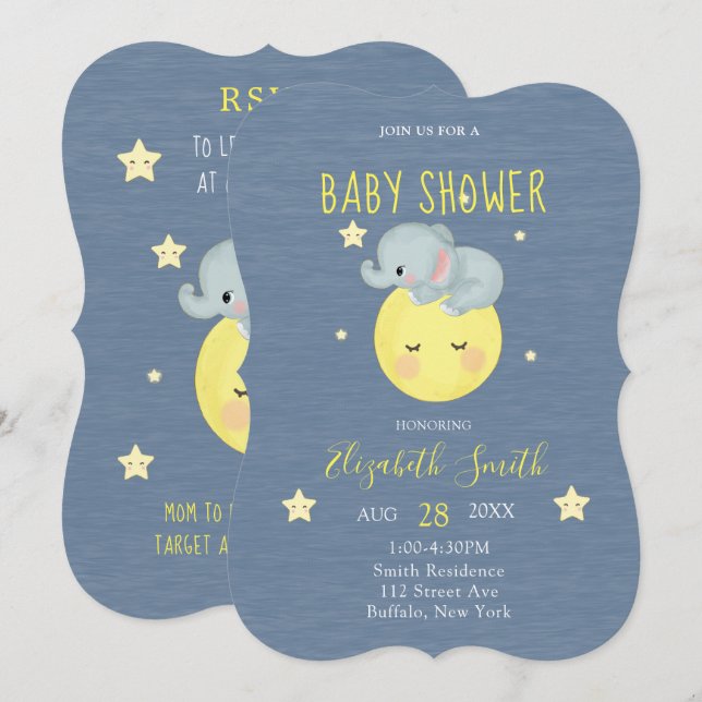 Invitation Lune et étoiles Eléphant Bleu Bébé Bébé Douche gar (Devant / Derrière)