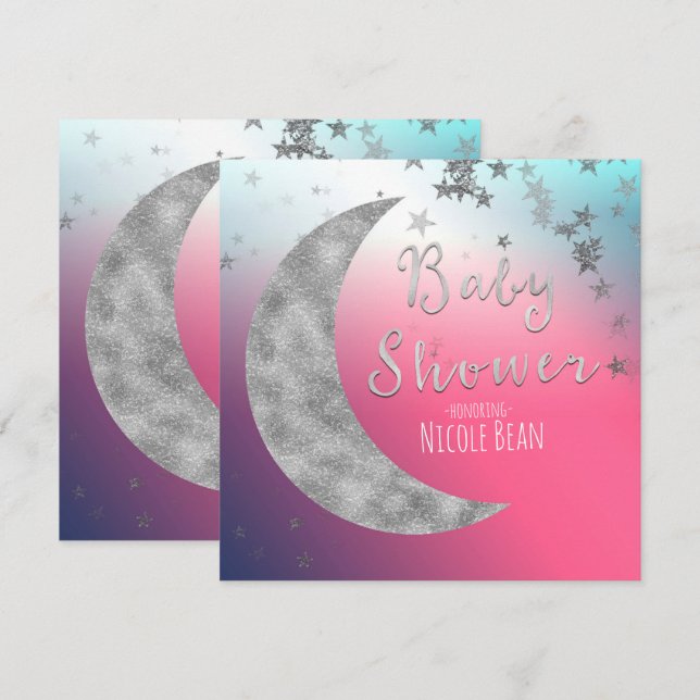 Invitation Lune et étoiles en argent rose Bébé Douche Invitat (Devant / Derrière)