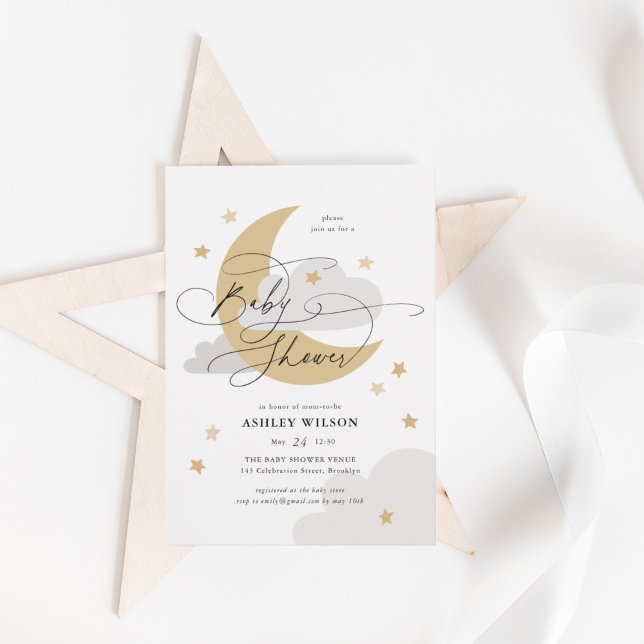 Invitation Lune et étoiles Matte Neutrals Script Baby shower (Créateur téléchargé)