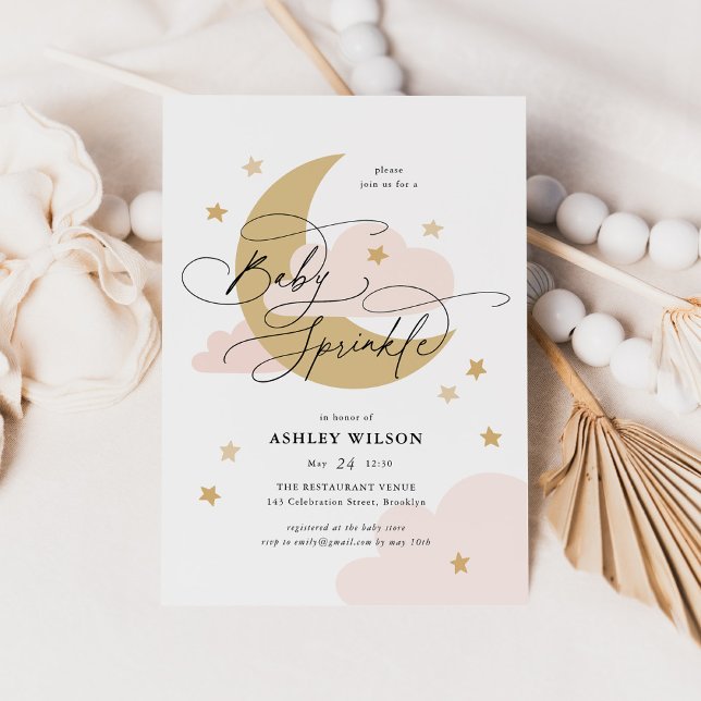 Invitation Lune et étoiles Matte Pink Script Baby Sprinking (Créateur téléchargé)