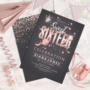 Invitation Lune et étoiles Sweet 16 Rose Gold/Blk ID788