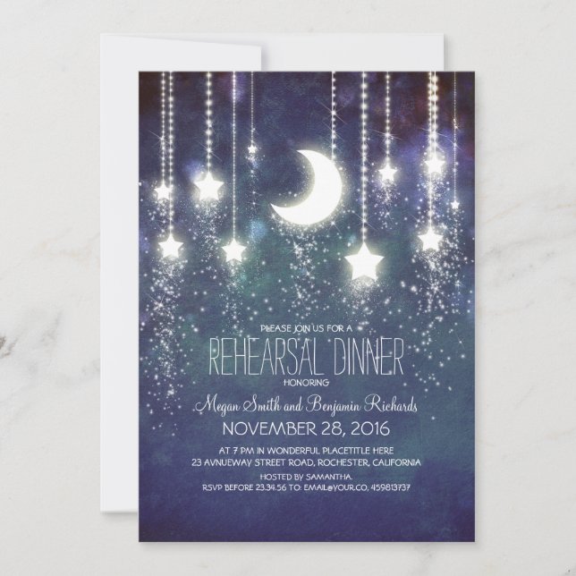 Invitation Lune Étoiles et lumières à cordes Dîner de répétit (Devant)