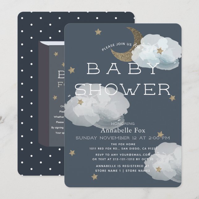 Invitation Lune, étoiles et nuages Baby shower de la Marine (Devant / Derrière)