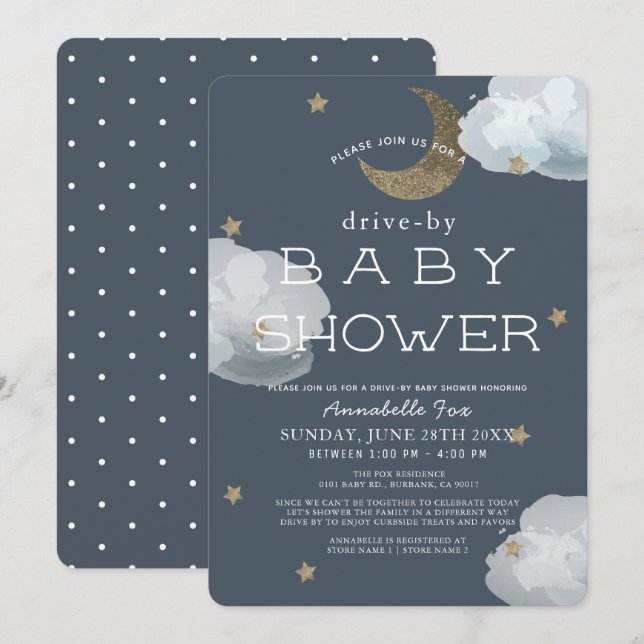 Invitation Lune, étoiles et nuages Marine Baby shower Drive-b (Devant / Derrière)