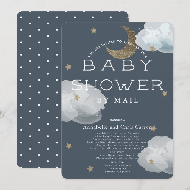 Invitation Lune, étoiles et nuages Marine Baby shower par cou (Devant / Derrière)