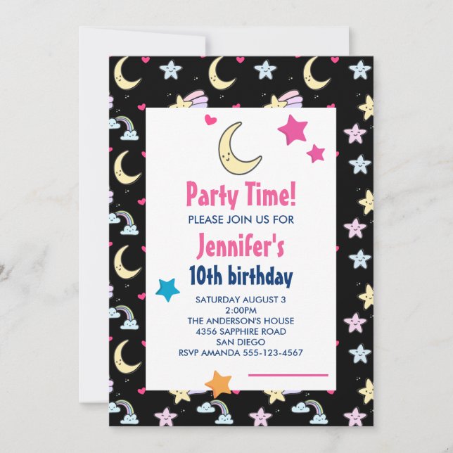 Invitation Lune, étoiles et nuages Motif BlackBirthday Party (Devant)