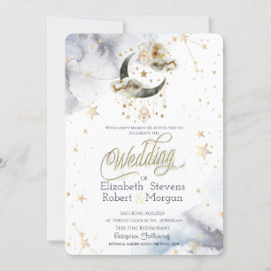 Invitation Lune Étoiles Or Céleste Aquarelle