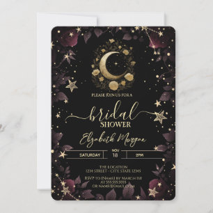 Invitation Lune Florale Dorée, Fête de Mariage Étoiles Roses