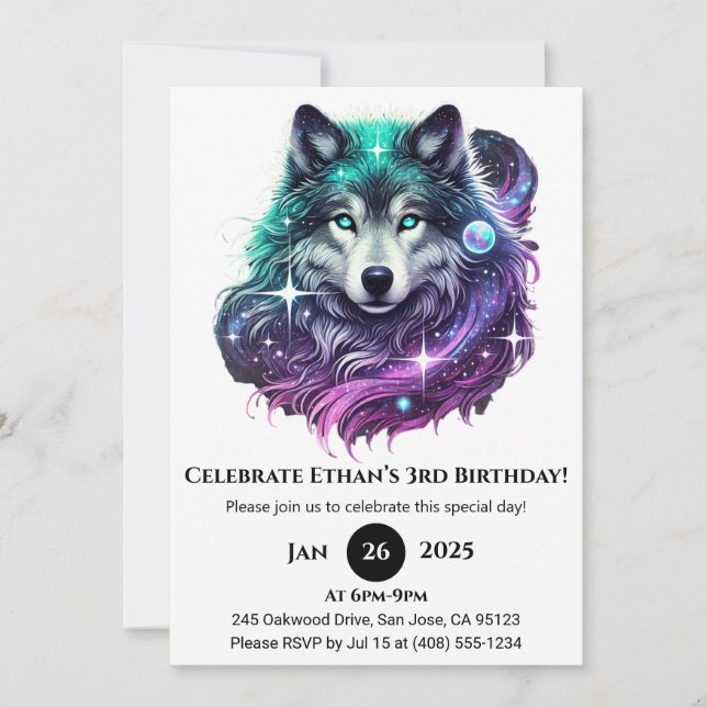 Invitation Lune Galaxy Wolf Anniversaire (Devant)