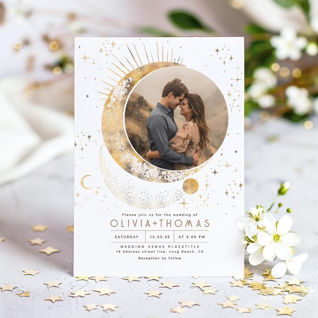Invitation Lune mystique céleste Starry Mariage de nuit Photo (Celestial Wedding Photo Invitation)