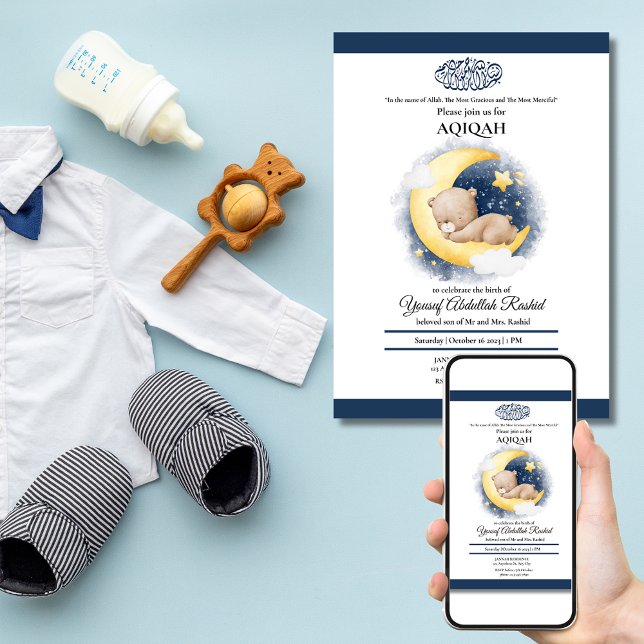 Invitation Lune Ours Dormir bébé garçon musulman Aqiqah Aqeeq (Moon Bear Sleeping Baby Boy Muslim Aqiqah Aqeeqa Invitation)