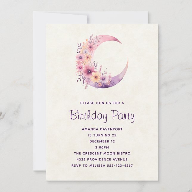 Invitation Lune rose Croissant avec de jolies fleurs Annivers (Devant)