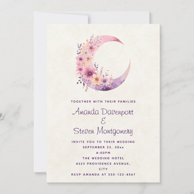 Invitation Lune rose Croissant avec Jolie Fleurs Mariage (Devant)