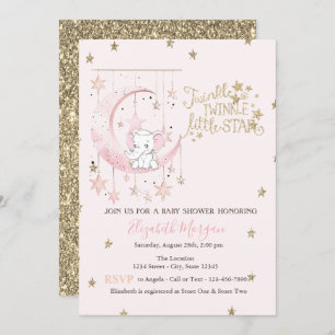 Invitation Lune rose éléphant, Baby shower étoile jumelle