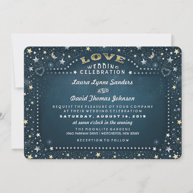 Invitation Lune turquoise de blanc et d'or et mariage d'amour (Devant)