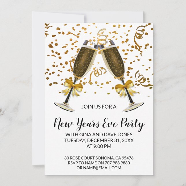 Invitation Lunettes de Champagne et Confetti d'or Réveillon d (Devant)