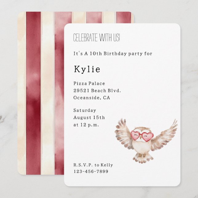 Invitation Lunettes de coeur de chouette Anniversaire (Devant / Derrière)
