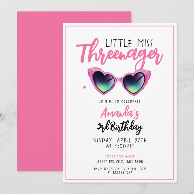Invitation Lunettes de soleil roses Joueuses Trois ans 3e ann (Devant / Derrière)