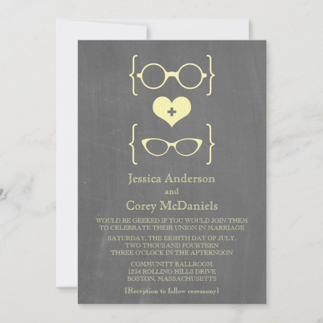 Invitation Lunettes Geeky Jaune Chalkboard Mariage Inviter (Devant)