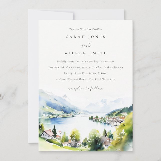 Invitation Lungern Switzerland Watercolor Landscape Wedding (Devant)