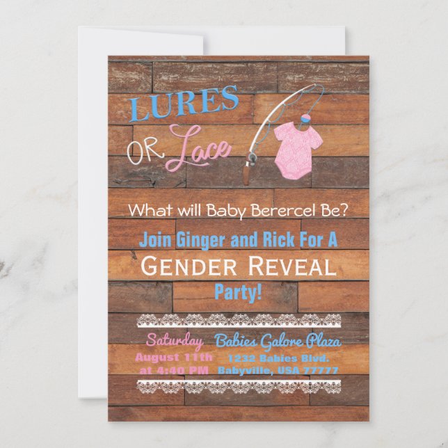 Invitation Lures ou dentelles Baby shower de révélation du ge (Devant)