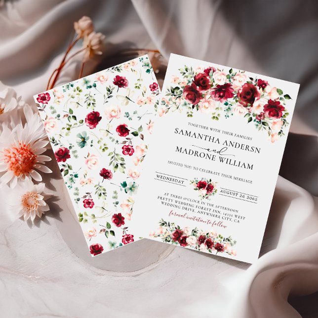 Invitation Lush Burgundy Blush Roses Floral Boho Wedding  (Créateur téléchargé)
