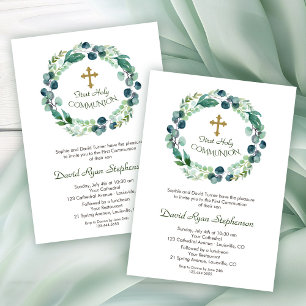 Invitation Lush Eucalyptus Foliage Gold Cross Sainte Communio