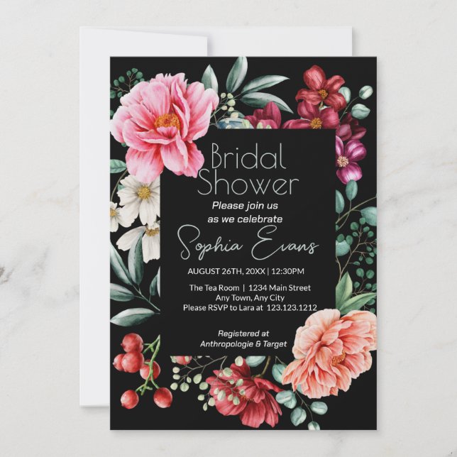 Invitation Lush Floral Bordée moderne Fête des mariées noire (Devant)