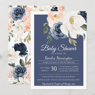 Invitation Lush Magnolia Rose Navy Baby shower bleu et blanc