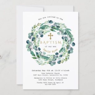Invitation Lush verdure feuillage d'eucalyptus croix baptême