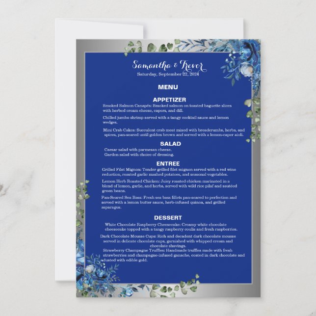 Invitation Lustré Argent, Blue Azure Dreams Menu Dinner (Devant)