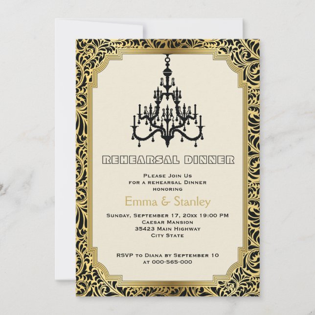Invitation Lustre Art déco mariage de répétition or dîner (Devant)