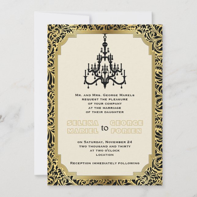 Invitation Lustre Art déco noir, mariage or (Devant)