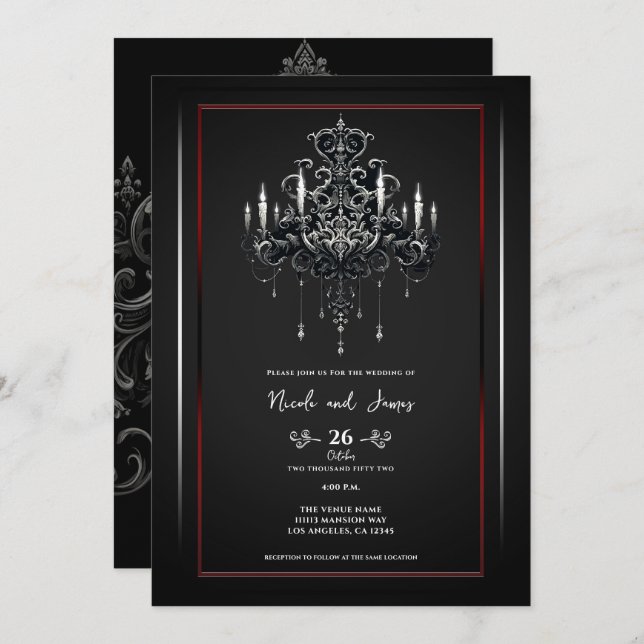 Invitation Lustre Éffrayant noir gris Mariage gothique (Devant / Derrière)