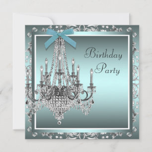 Invitation Lustre en Damas Bleu Turquoise pour Fête d'Anniver