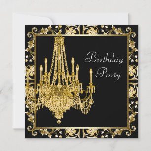Invitation Lustre en damas noir or pour fête d'anniversaire
