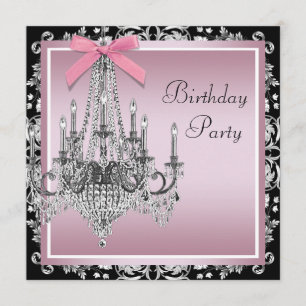 Invitation Lustre en damas rose noir pour fête d'anniversaire