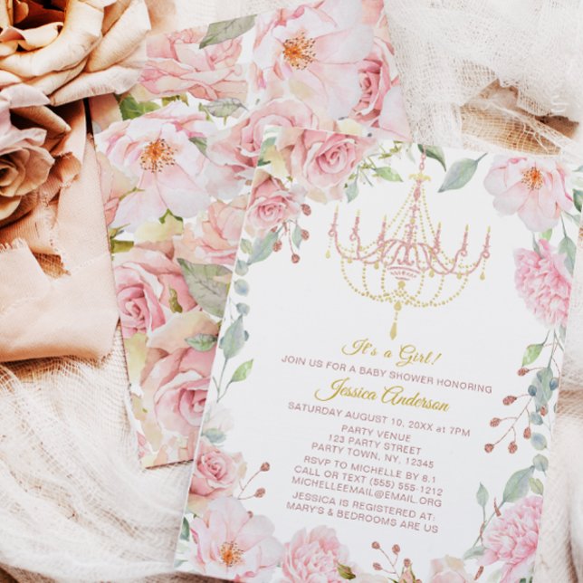 Invitation Lustre rose et or Rose Floral Baby shower (Créateur téléchargé)