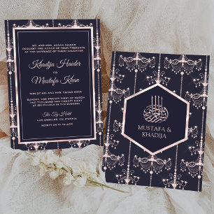 Invitation Lustres Rose Pâle Bleu Foncé Mariage Musulman
