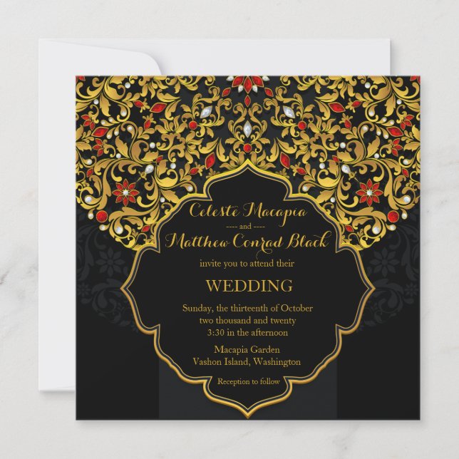 Invitation Lux Bijoux or rouge Floral Mariage indien (Devant)