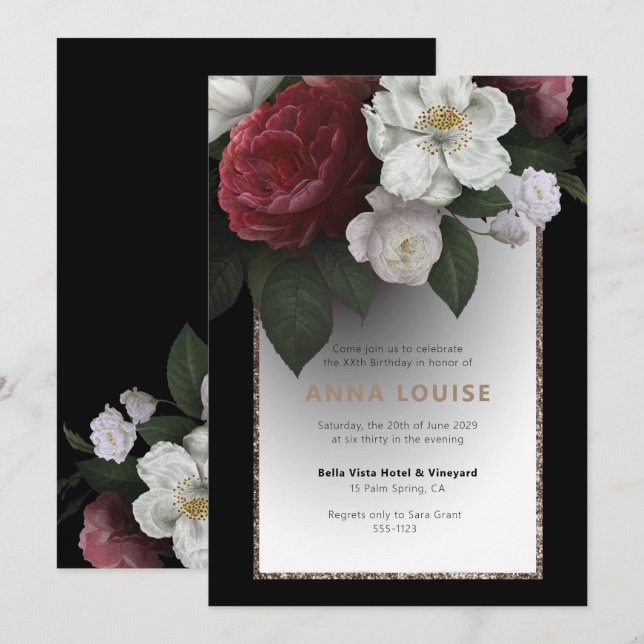Invitation Lux Black Gold Rouge Rose Blanc Floral Anniversair (Devant / Derrière)