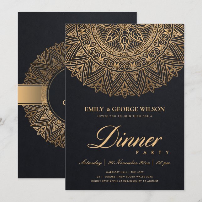 INVITATION LUX BLACK OR CLASSIQUE ORNATE MANDALA DÎNER PARTIE (Devant / Derrière)