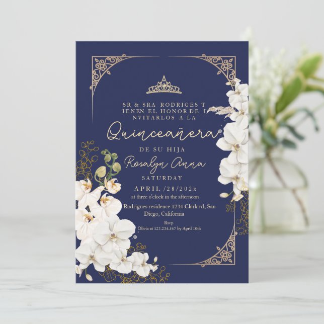 Invitation Lux Fleurs Orchidées Tiara Princess Quinceañera (Debout devant)