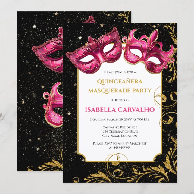 Invitation Lux Quinceañera Fête Masquée (Devant / Derrière)