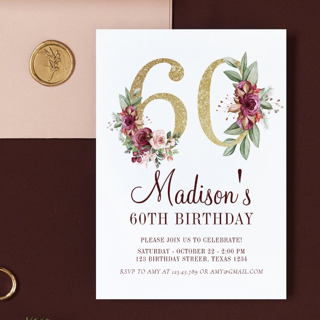 Invitation Luxe 60e anniversaire Bourgogne or Floral (Créateur téléchargé)