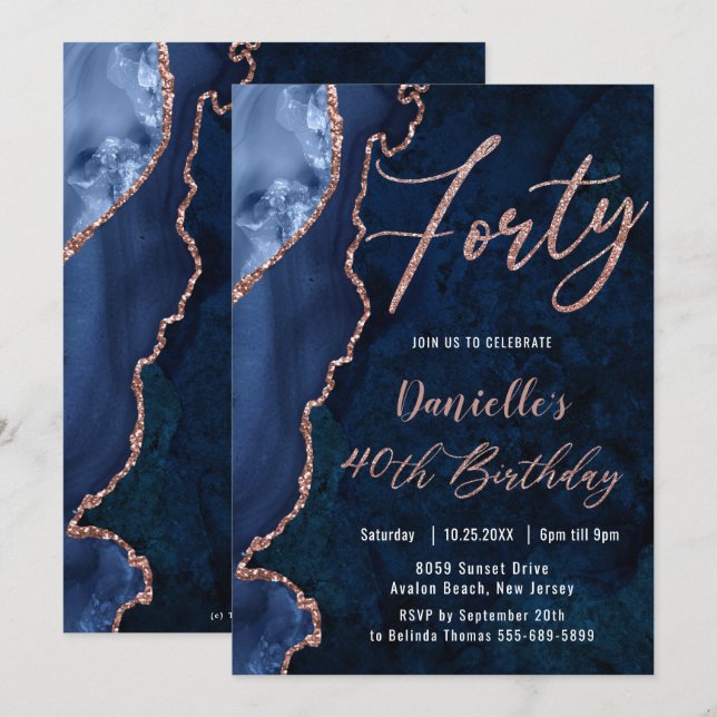 Invitation Luxe Agate Sapphire Blue Rose Gold 40e anniversair (Devant / Derrière)