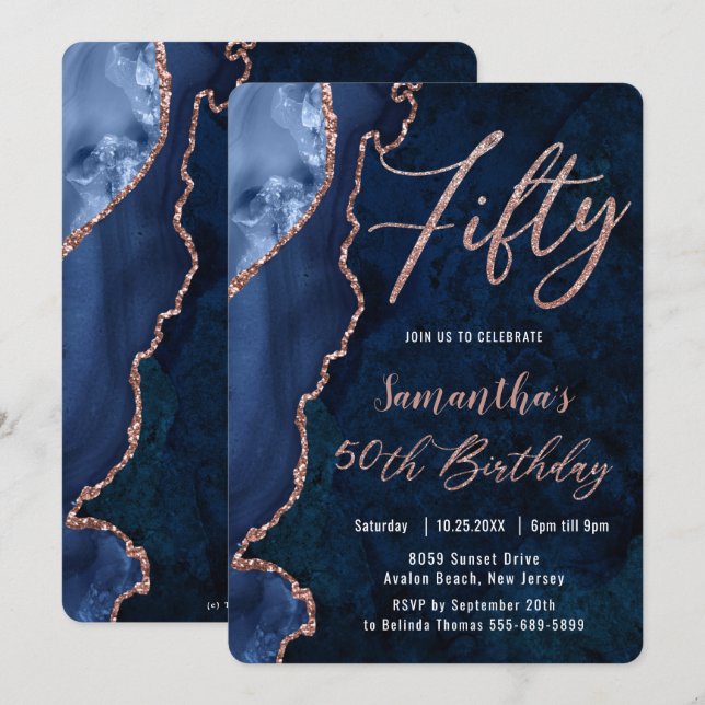 Invitation Luxe Agate Sapphire Blue Rose Gold 50e anniversair (Devant / Derrière)