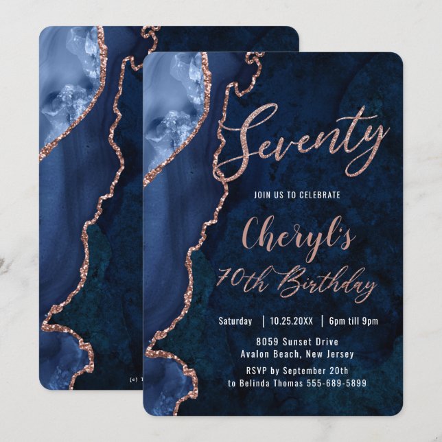 Invitation Luxe Agate Sapphire Blue Rose Gold 70e anniversair (Devant / Derrière)