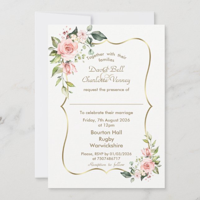 Invitation Luxe Aquarelle rose pâle Fleurs Mariage or (Devant)